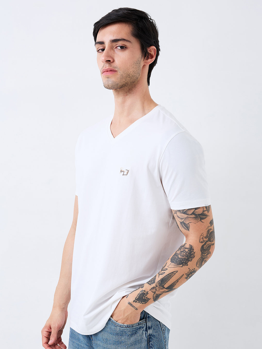 Spykar White Slim Fit Solid Half Sleeve T-Shirt For Men