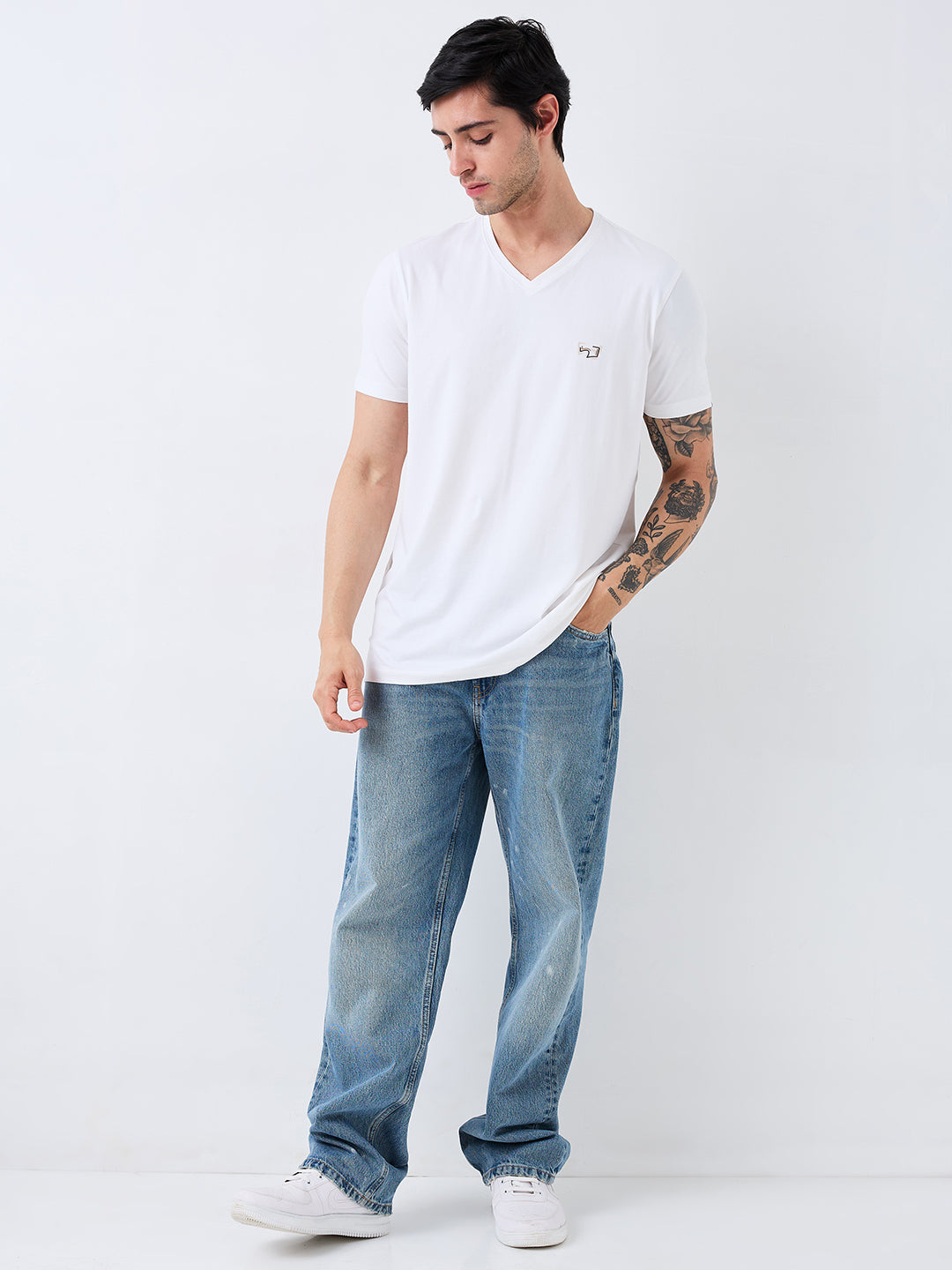 Spykar White Slim Fit Solid Half Sleeve T-Shirt For Men