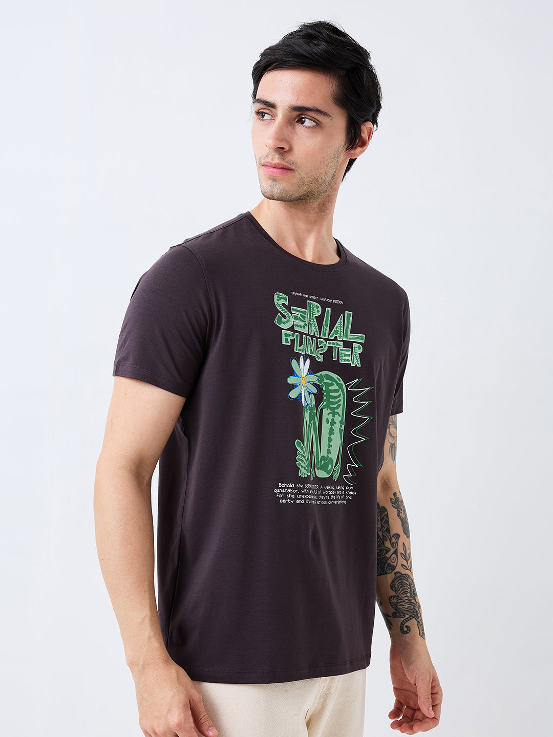 Spykar Grey Slim Fit Solid Half Sleeve T-Shirt For Men