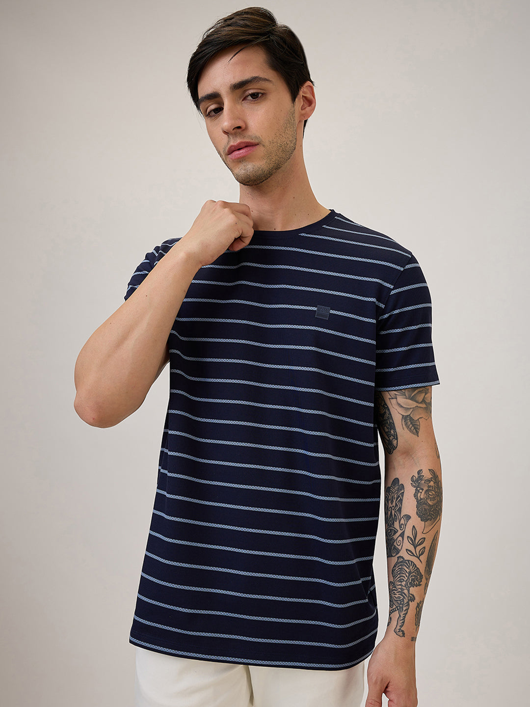 Spykar Slim Fit Half Sleeve Blue Striped Casual T-Shirt For Men