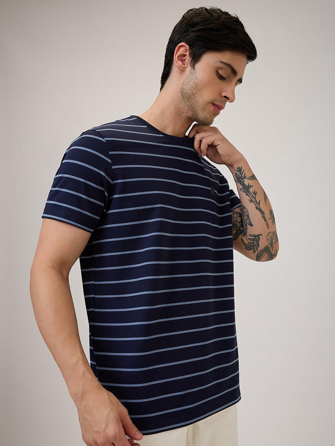 Spykar Slim Fit Half Sleeve Blue Striped Casual T-Shirt For Men