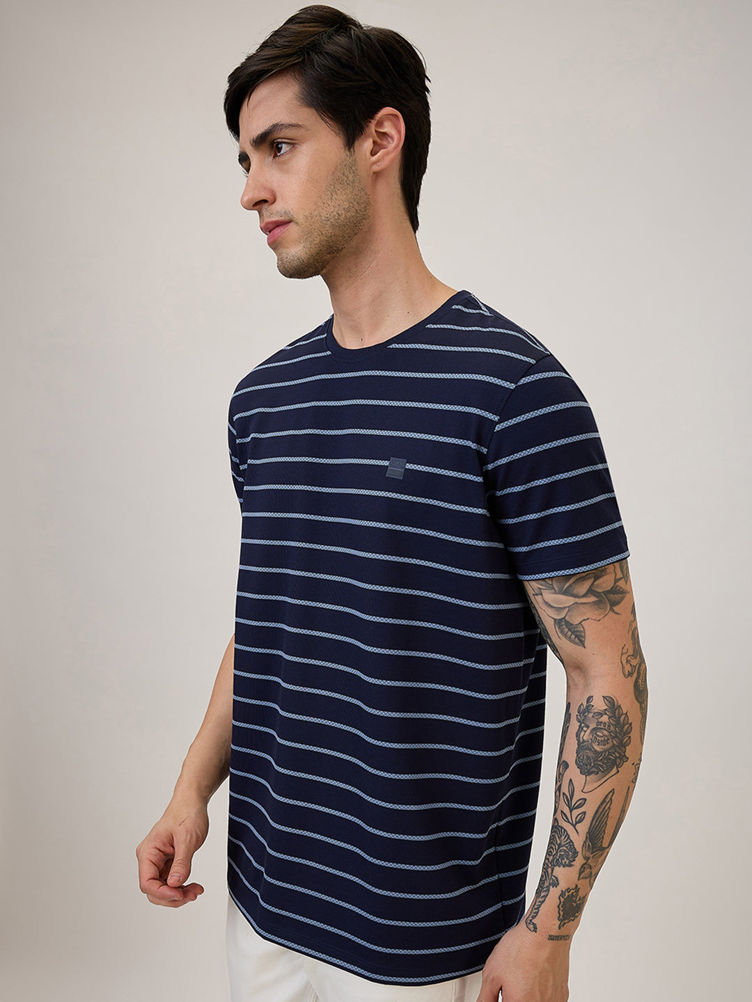 Spykar Slim Fit Half Sleeve Blue Striped Casual T-Shirt For Men