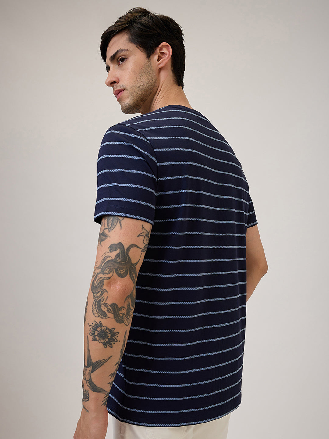Spykar Slim Fit Half Sleeve Blue Striped Casual T-Shirt For Men