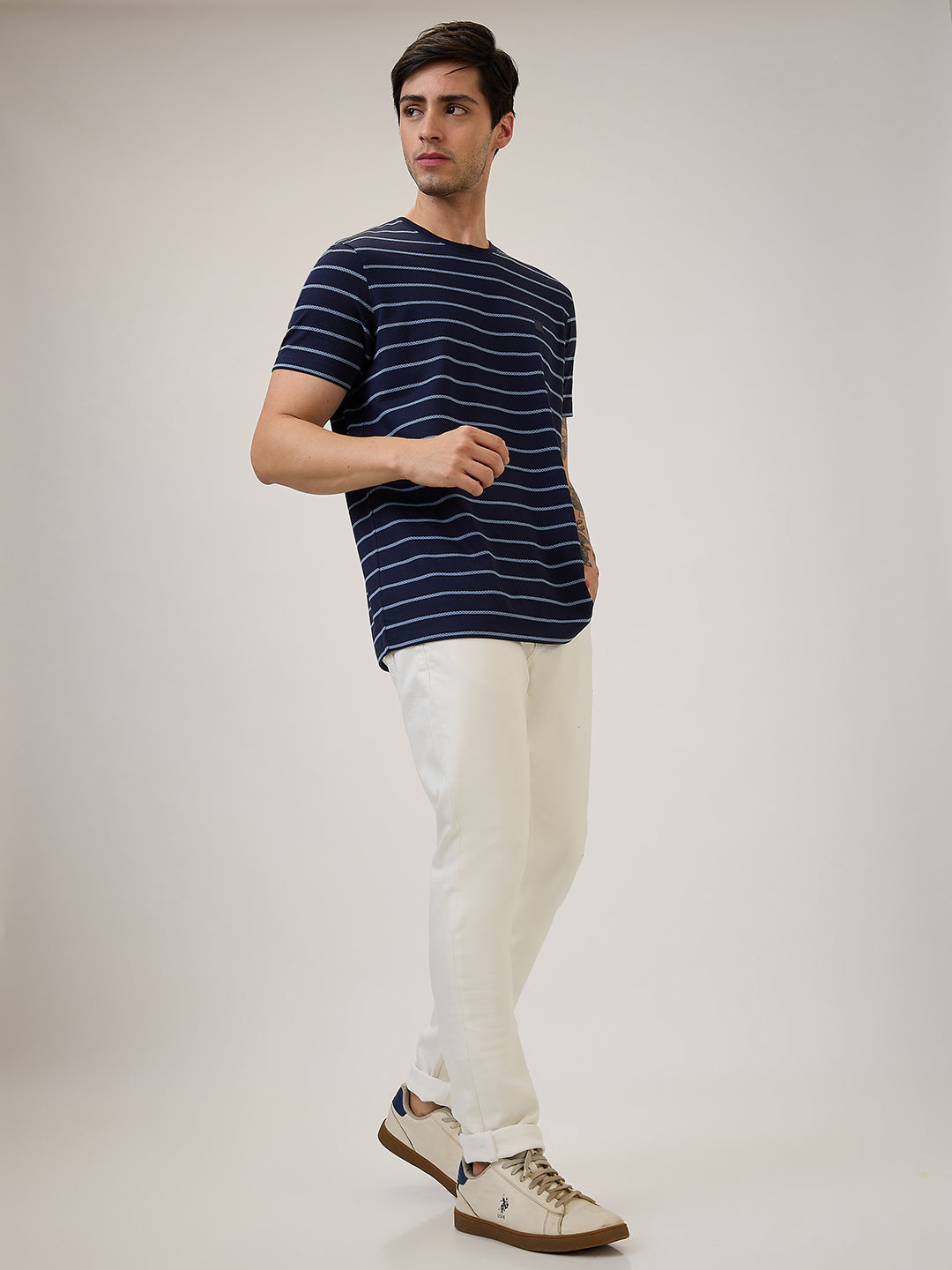 Spykar Slim Fit Half Sleeve Blue Striped Casual T-Shirt For Men