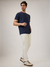 Spykar Slim Fit Half Sleeve Blue Striped Casual T-Shirt For Men
