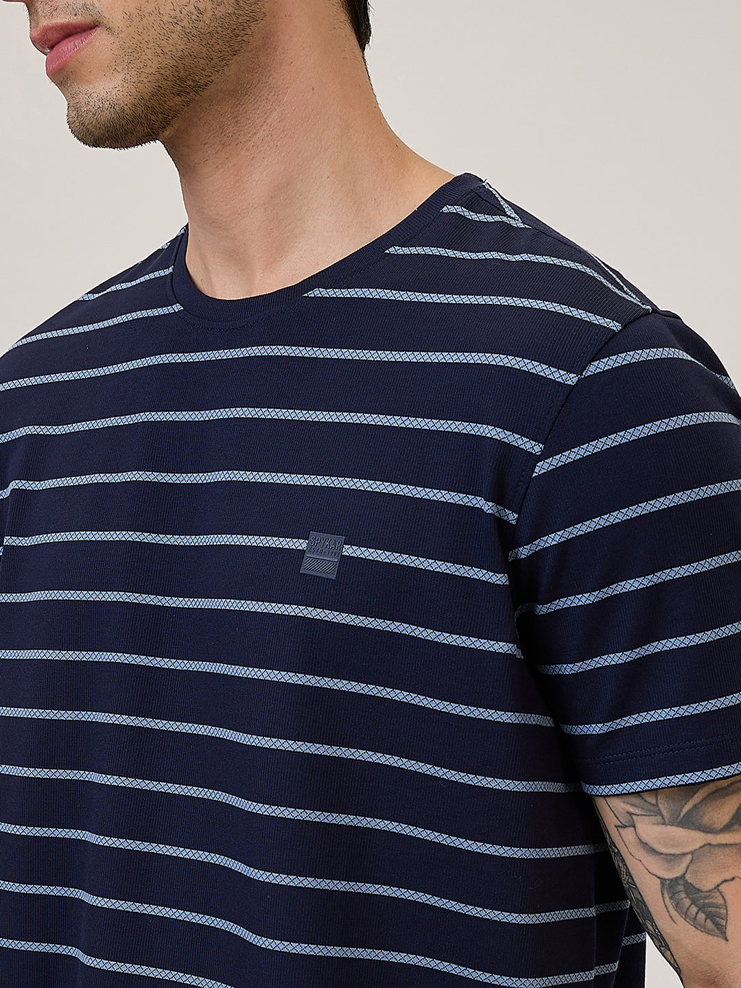 Spykar Slim Fit Half Sleeve Blue Striped Casual T-Shirt For Men