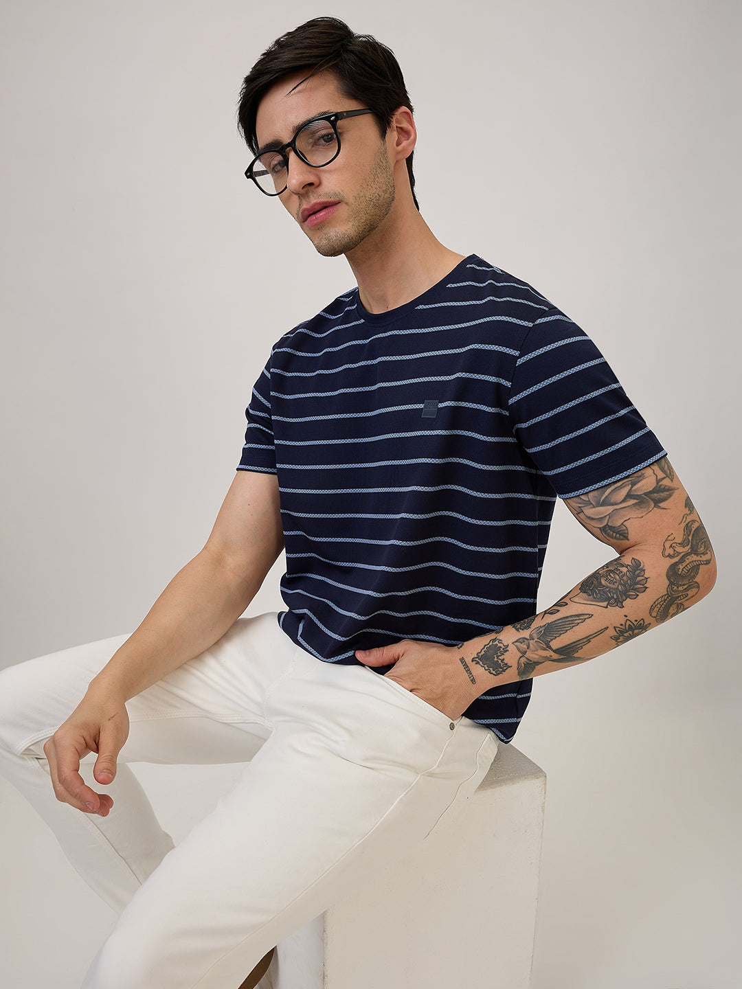 Spykar Slim Fit Half Sleeve Blue Striped Casual T-Shirt For Men