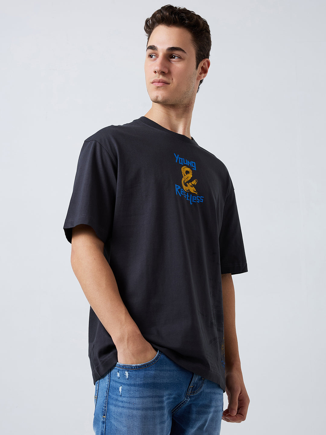 Men T-Shirt Grey Solid Loose Fit