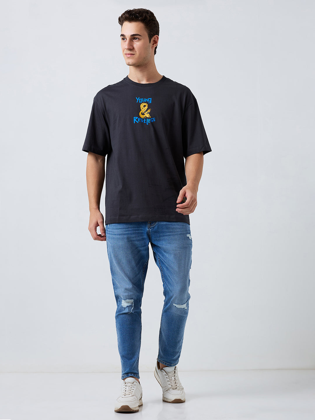 Men T-Shirt Grey Solid Loose Fit