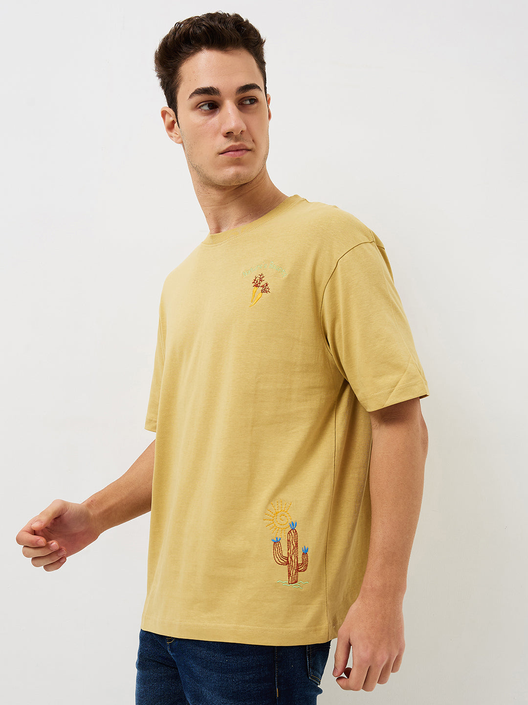 Spykar Beige Loose Fit Solid Half Sleeve T-Shirt For Men