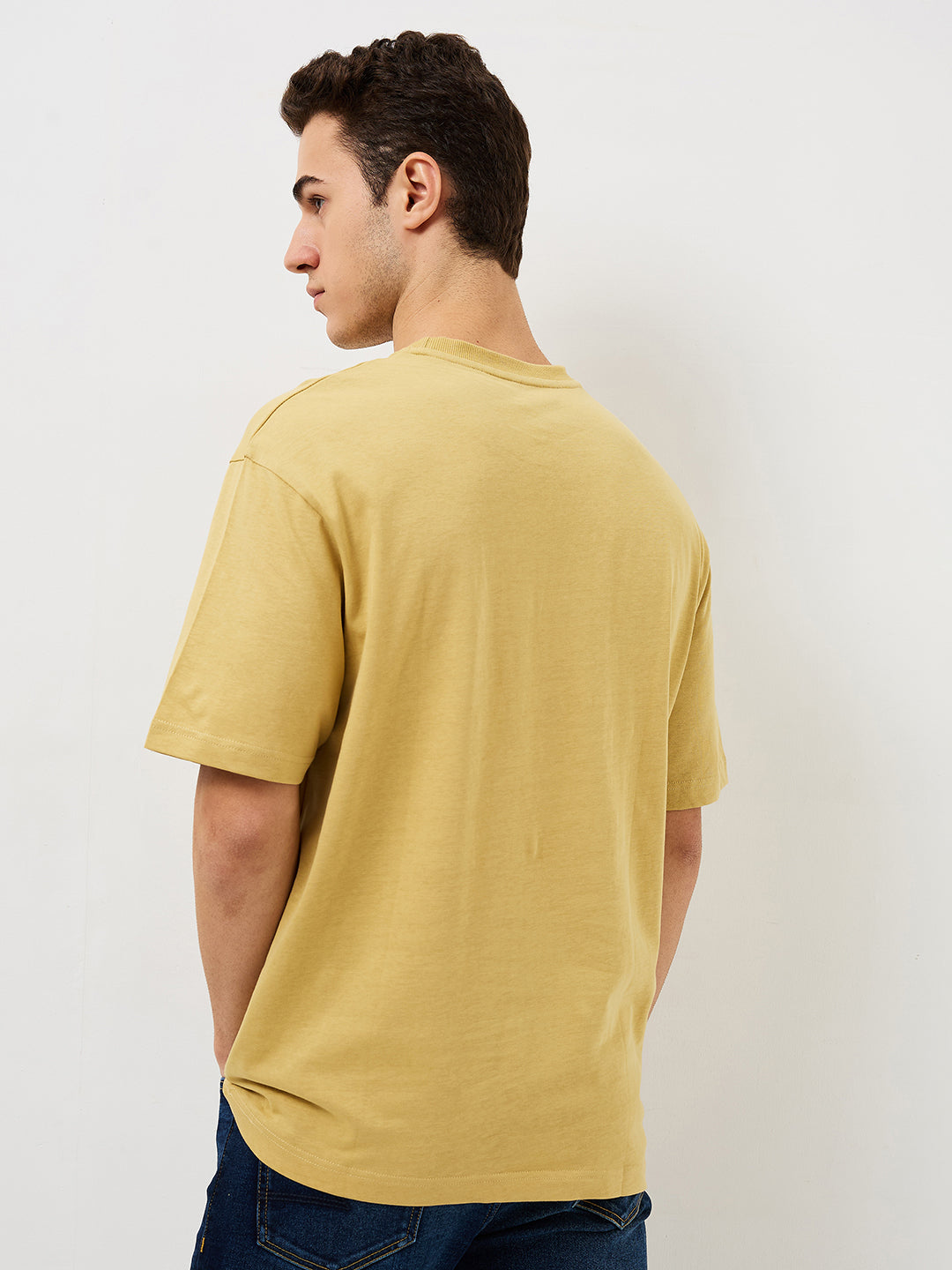 Spykar Beige Loose Fit Solid Half Sleeve T-Shirt For Men