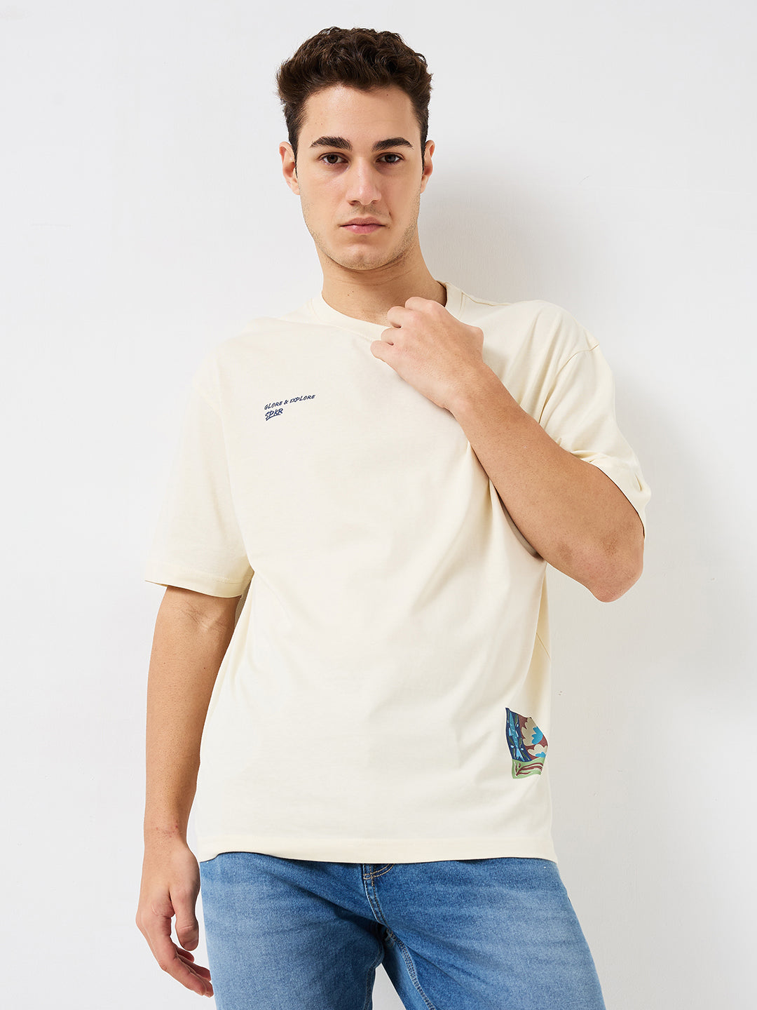 Spykar White Loose Fit Solid Half Sleeve T-Shirt For Men