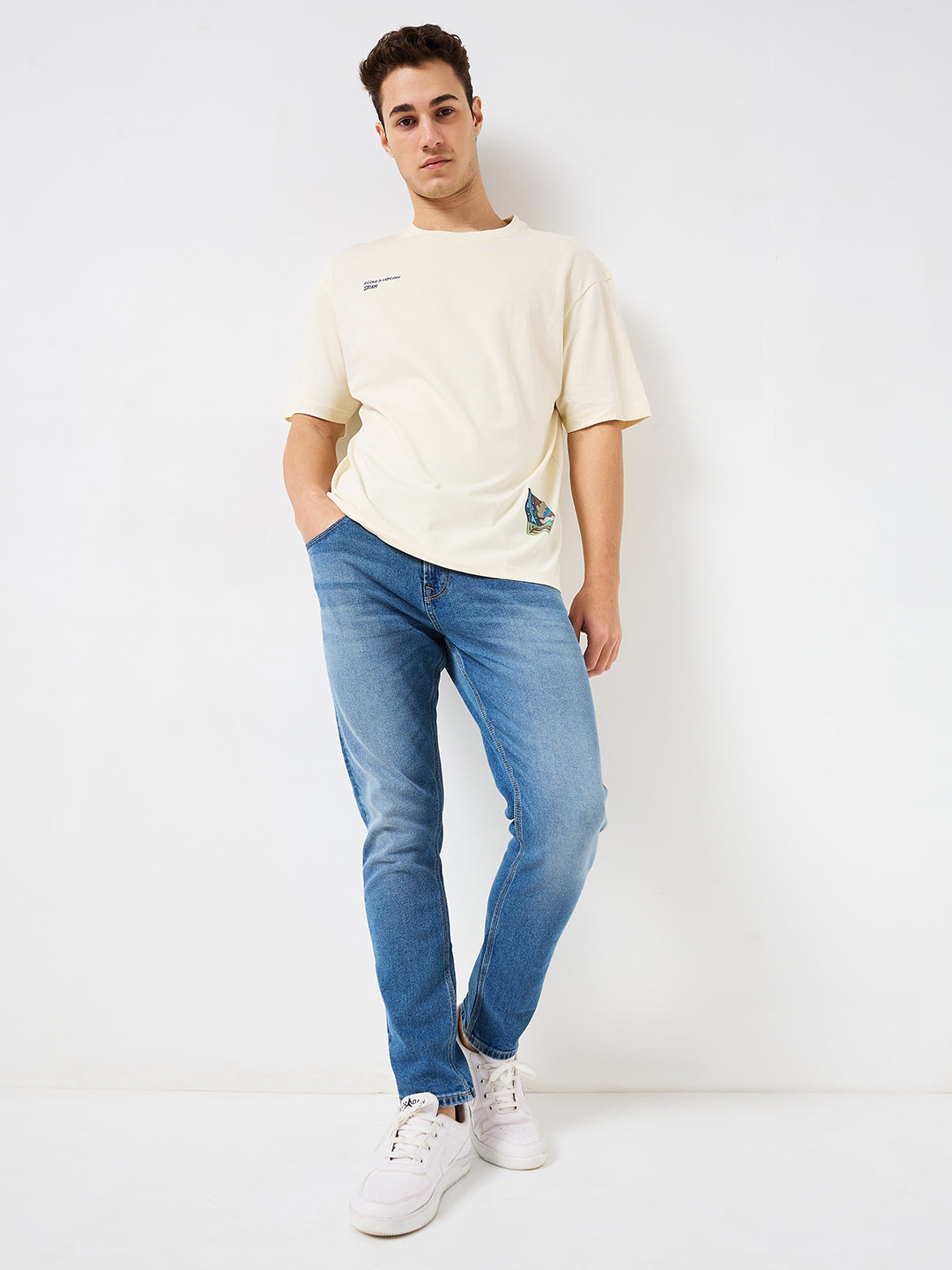 Spykar White Loose Fit Solid Half Sleeve T-Shirt For Men