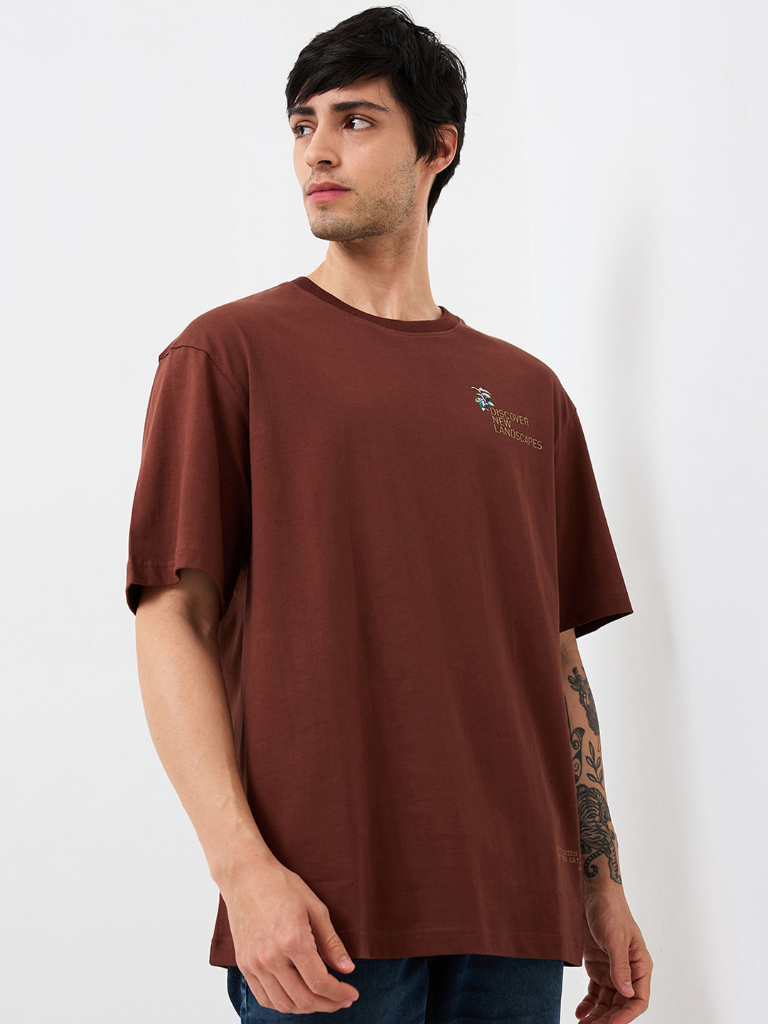 Spykar Brown Loose Fit Solid Half Sleeve T-Shirt For Men