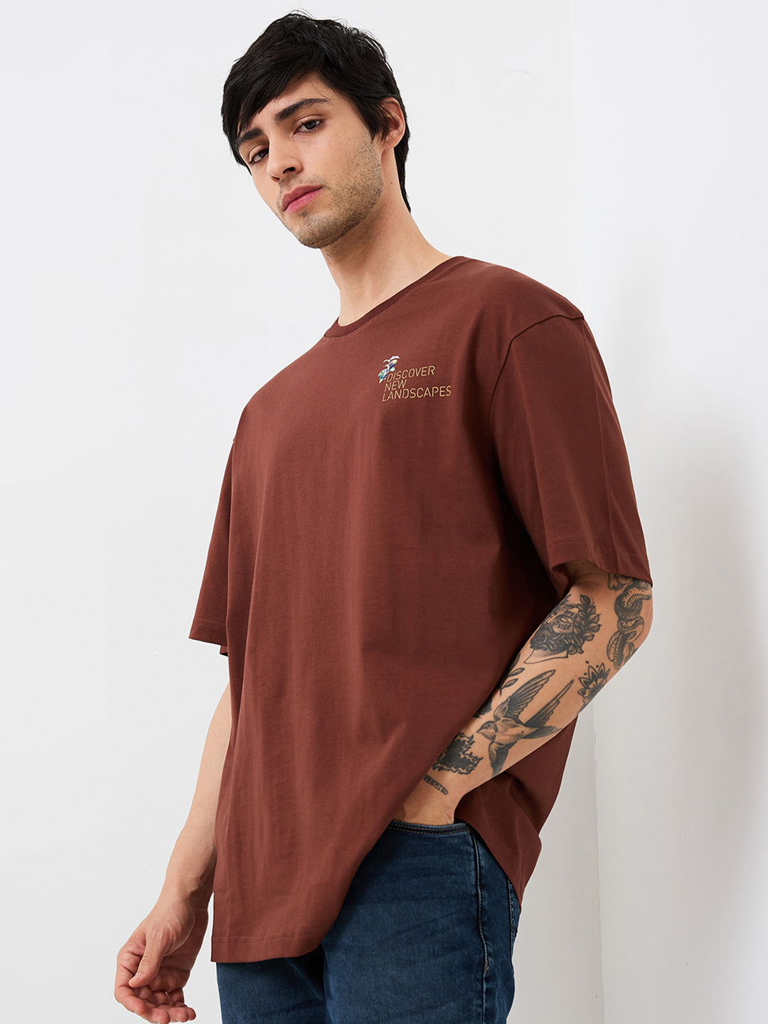 Spykar Brown Loose Fit Solid Half Sleeve T-Shirt For Men