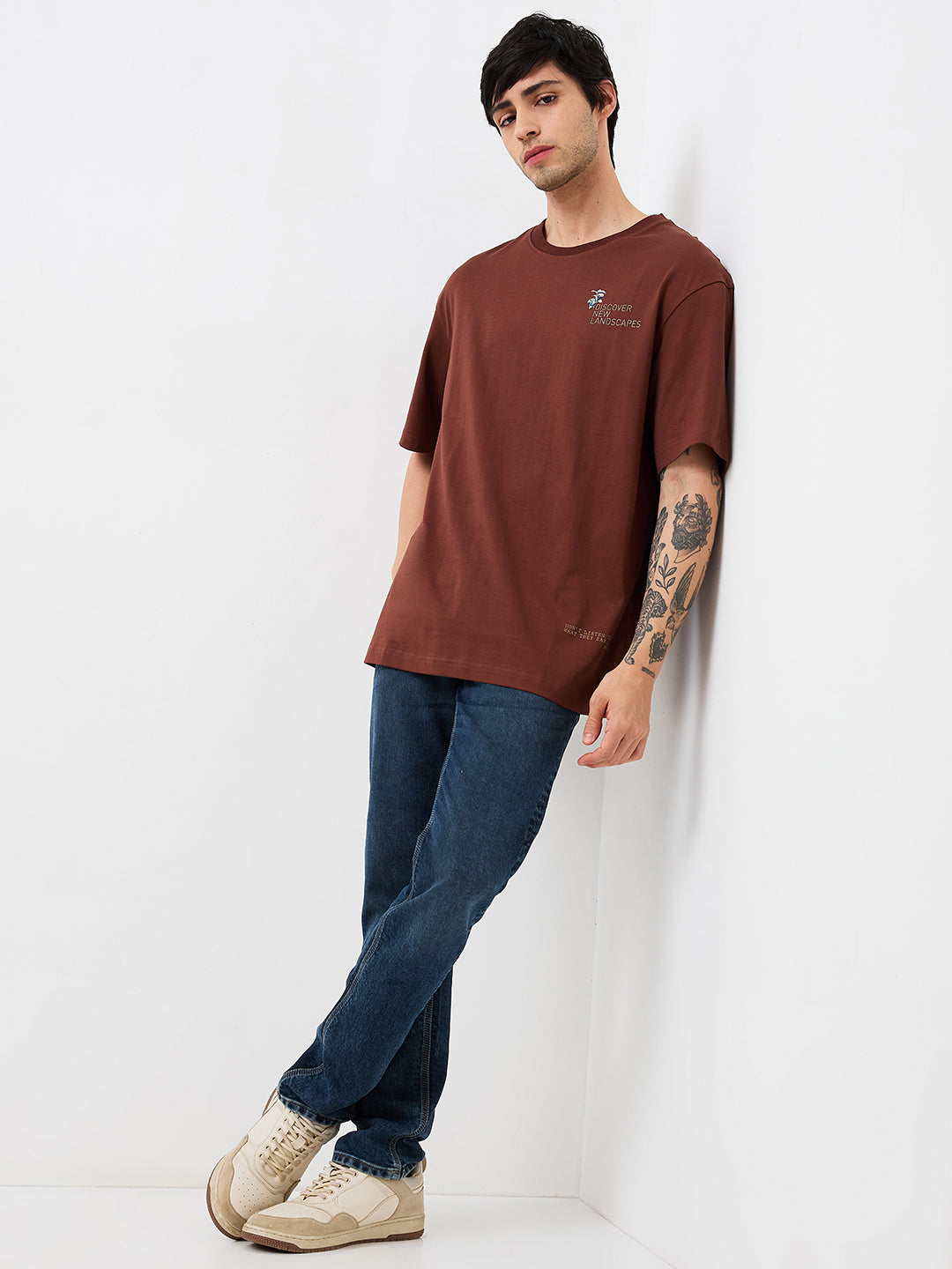 Spykar Brown Loose Fit Solid Half Sleeve T-Shirt For Men