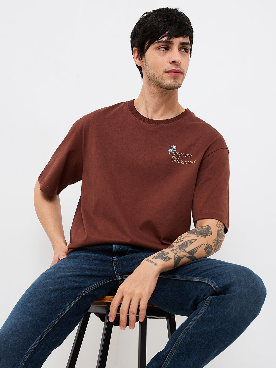 Spykar Brown Loose Fit Solid Half Sleeve T-Shirt For Men