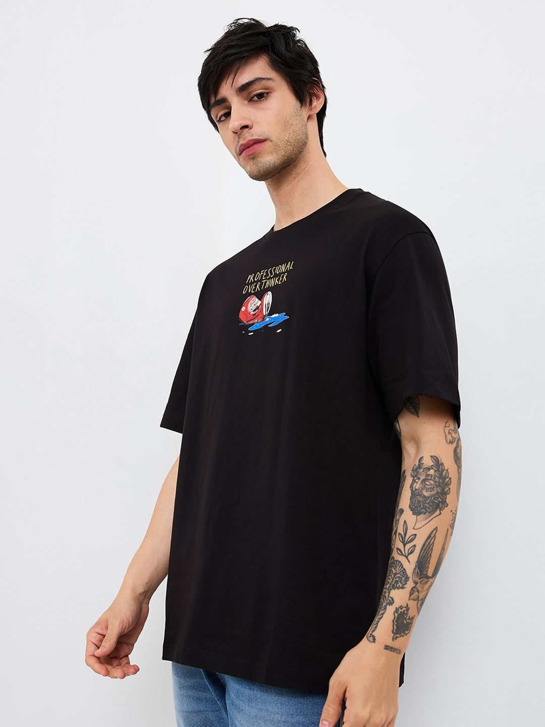 Spykar Black Loose Fit Solid Half Sleeve T-Shirt For Men