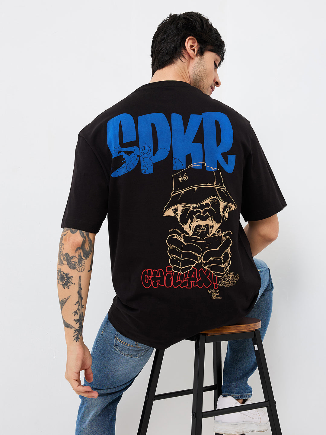 Spykar Black Loose Fit Solid Half Sleeve T-Shirt For Men