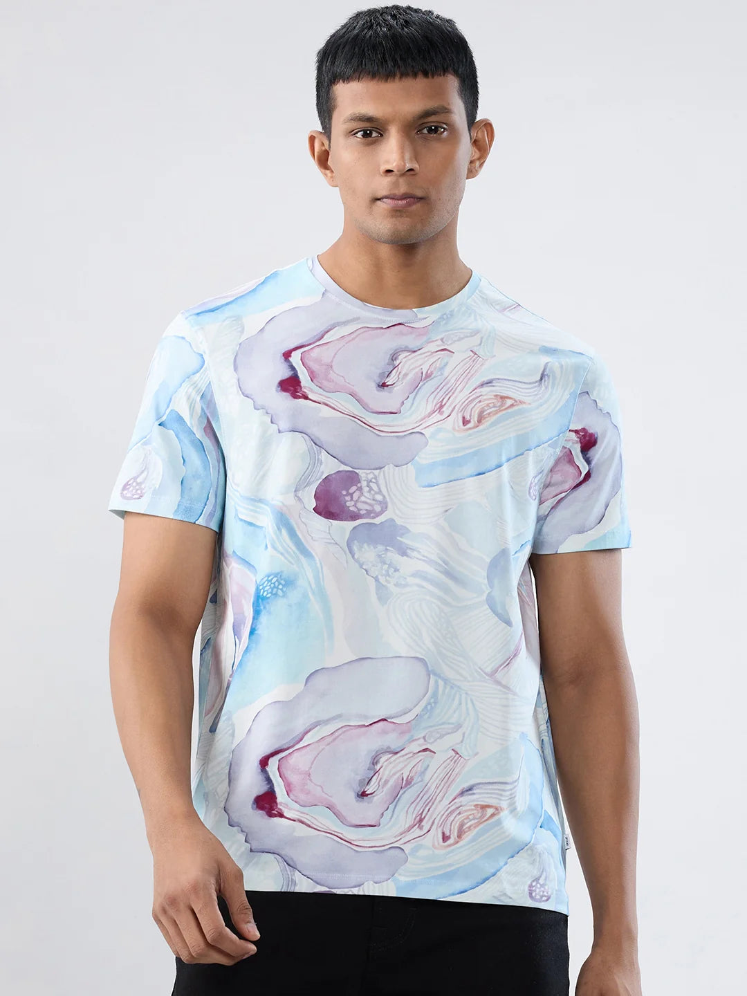 Men T-Shirt Print Blue Regular Fit