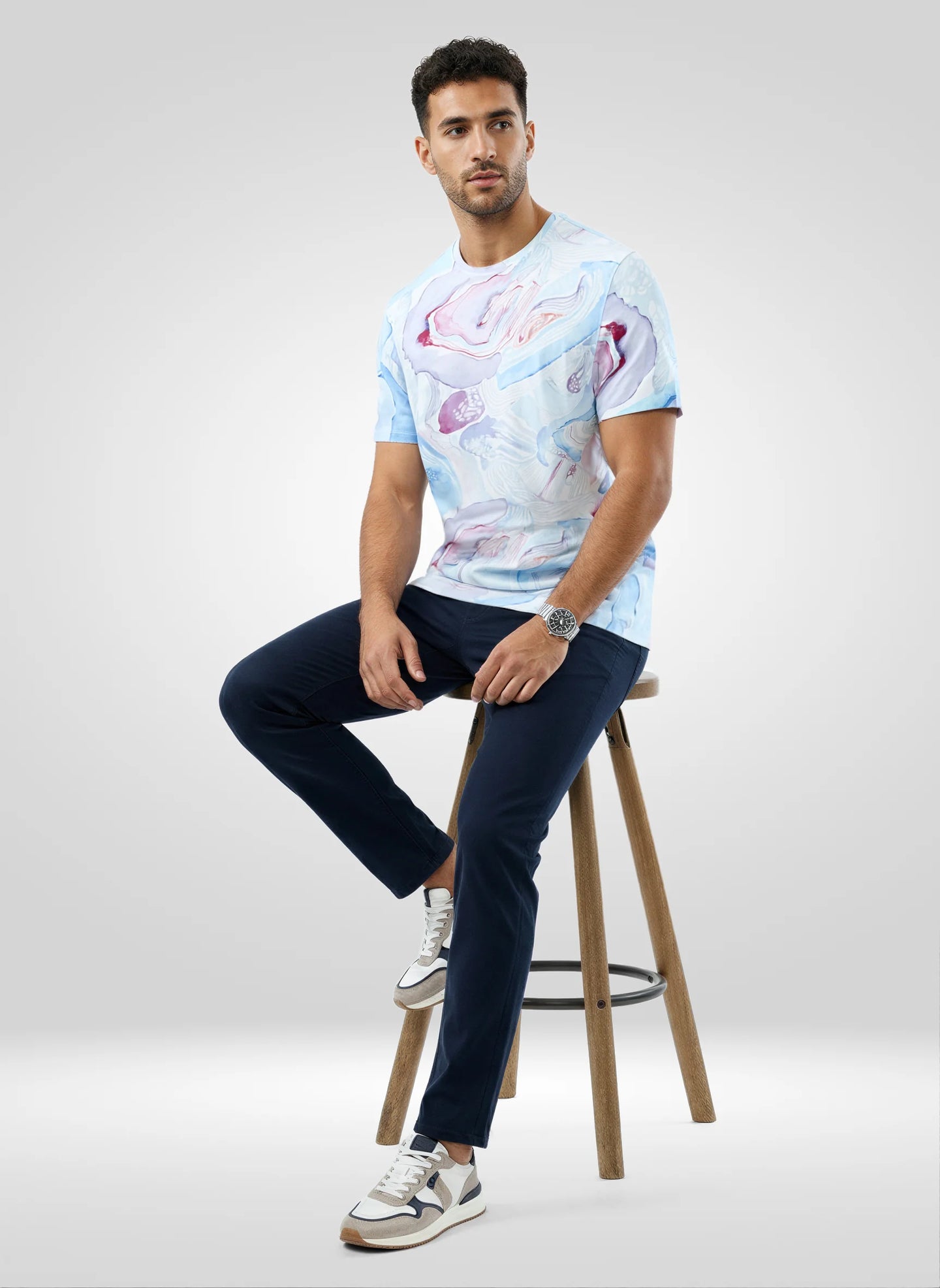 Men T-Shirt Print Blue Regular Fit