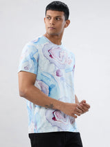 Men T-Shirt Print Blue Regular Fit