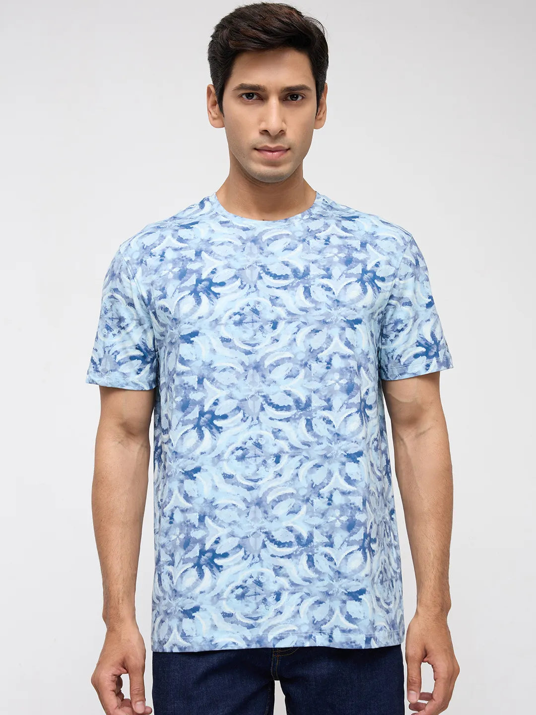 Men T-Shirt Print Blue Regular Fit
