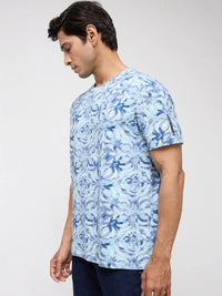 Men T-Shirt Print Blue Regular Fit