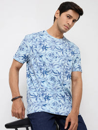 Men T-Shirt Print Blue Regular Fit