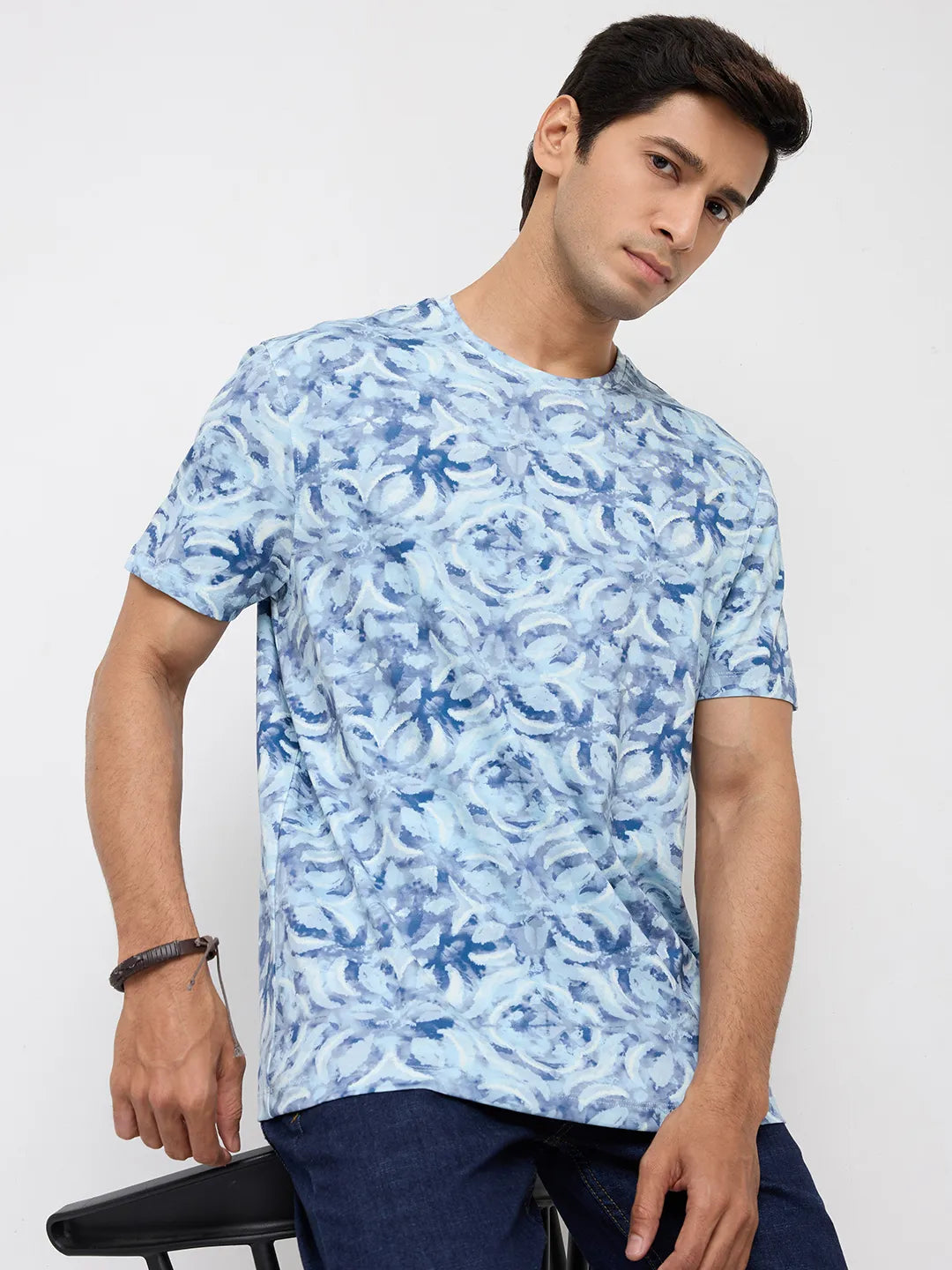 Men T-Shirt Print Blue Regular Fit