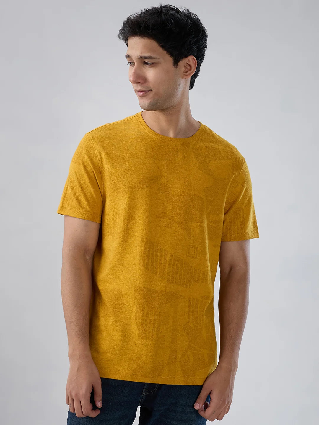Men T-Shirt Print Yellow Regular Fit