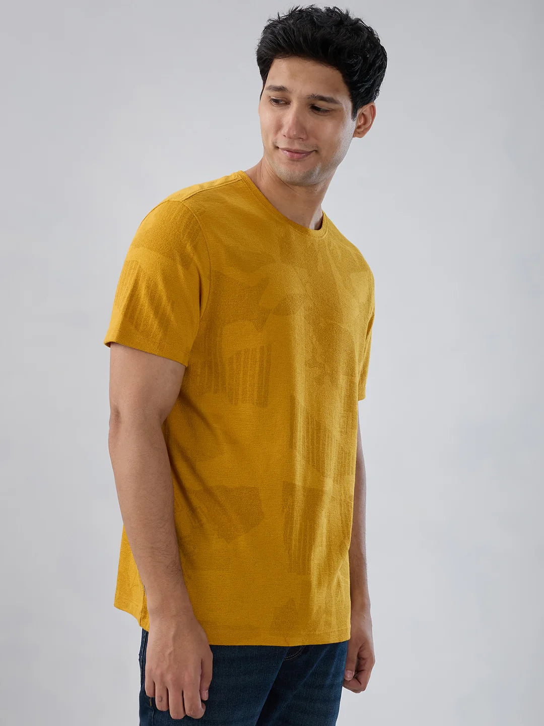 Men T-Shirt Print Yellow Regular Fit