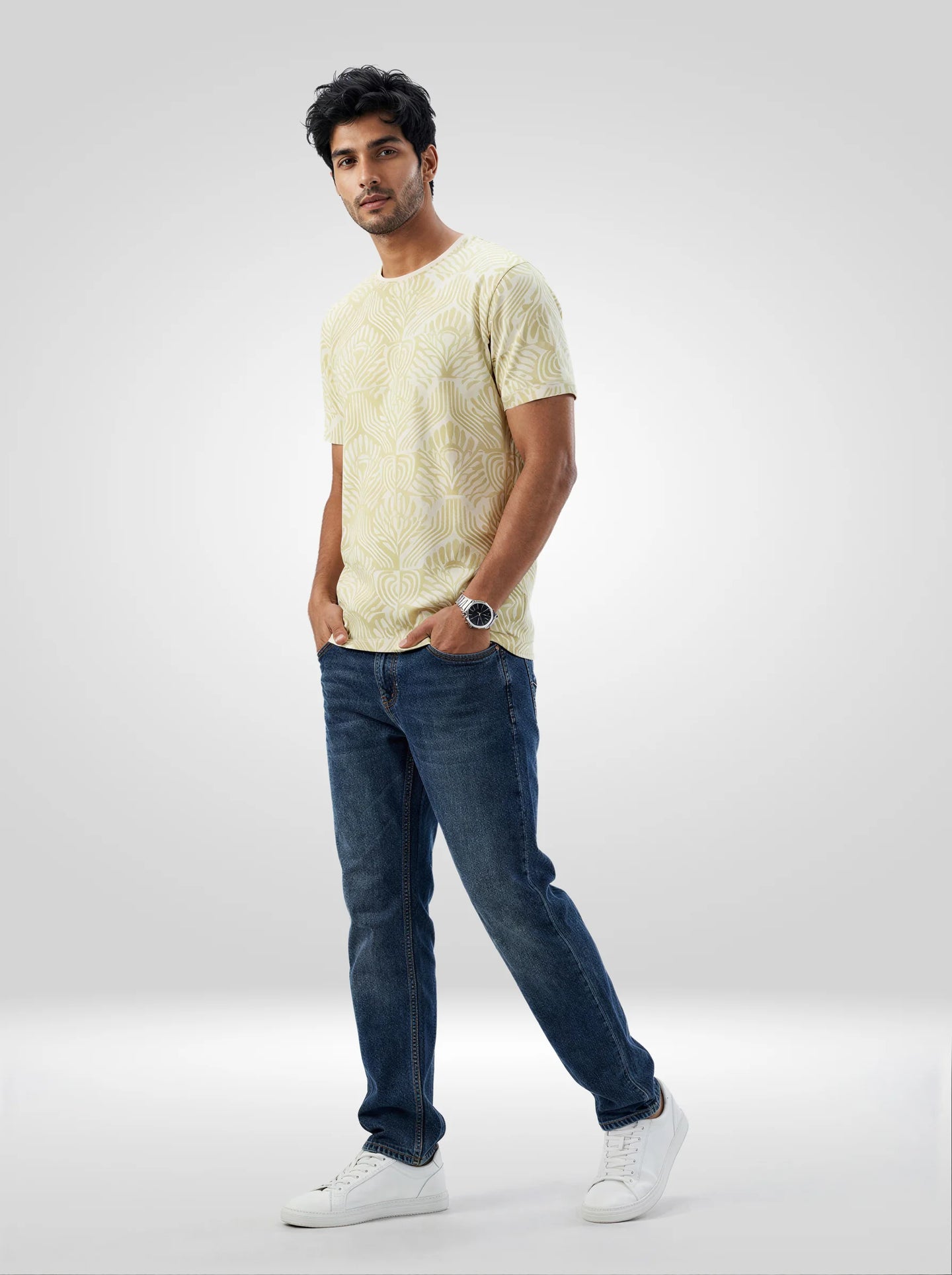 Men T-Shirt Print Green Regular Fit