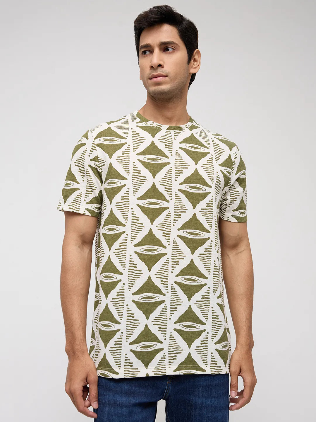 Men T-Shirt Print Green Regular Fit