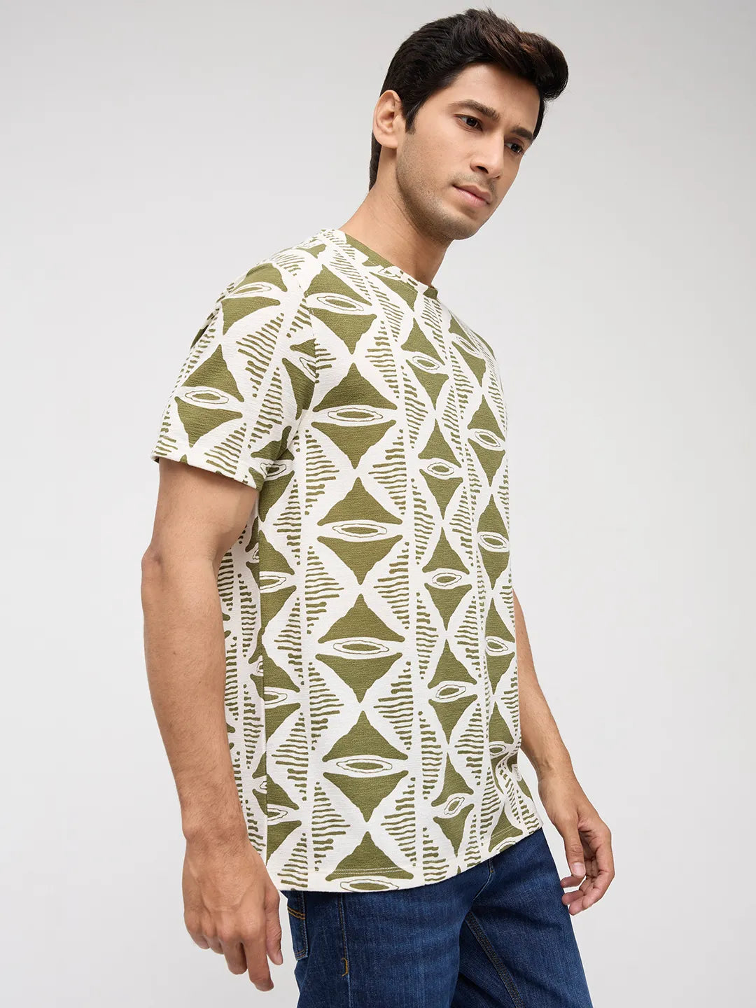 Men T-Shirt Print Green Regular Fit