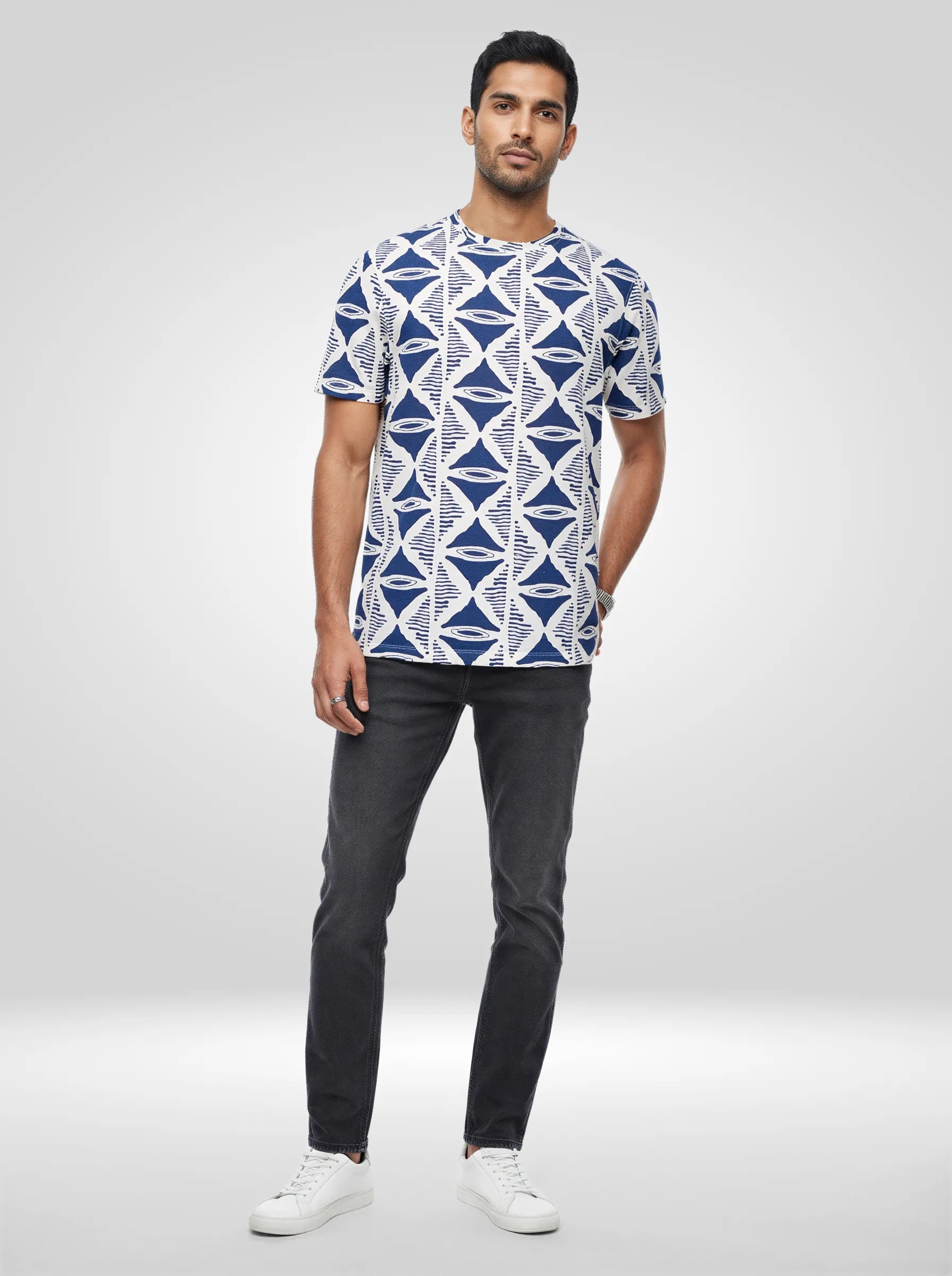 Men T-Shirt Print Blue Regular Fit