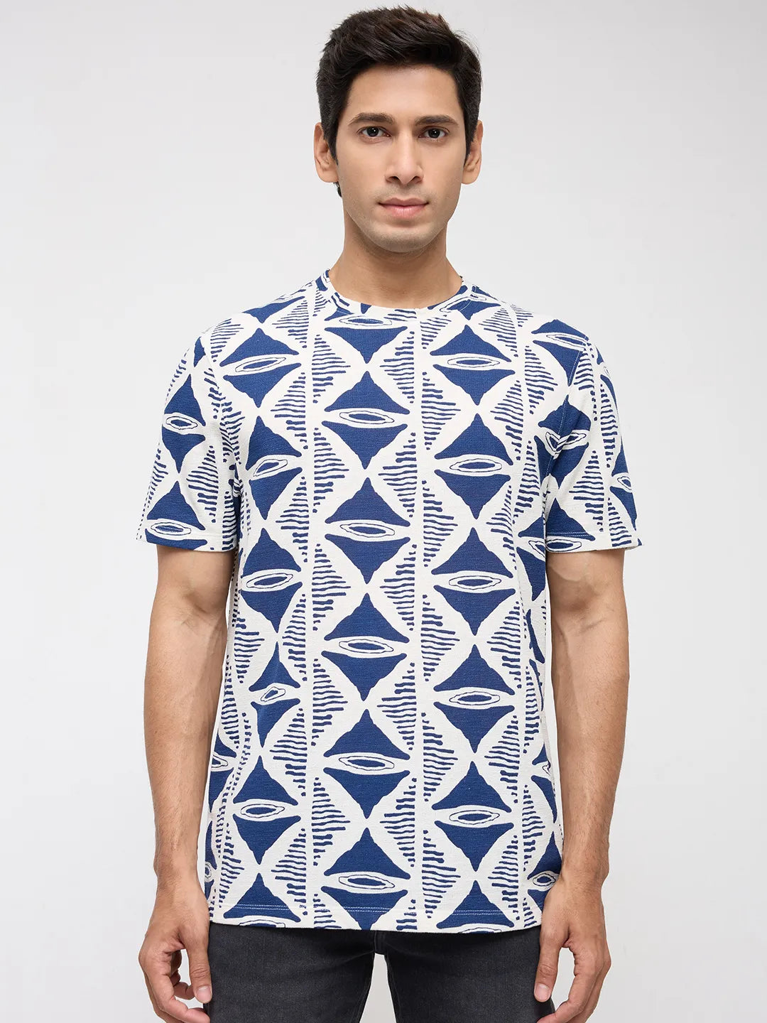 Men T-Shirt Print Blue Regular Fit