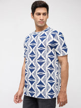 Men T-Shirt Print Blue Regular Fit