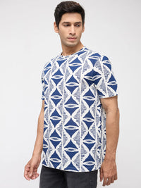 Men T-Shirt Print Blue Regular Fit