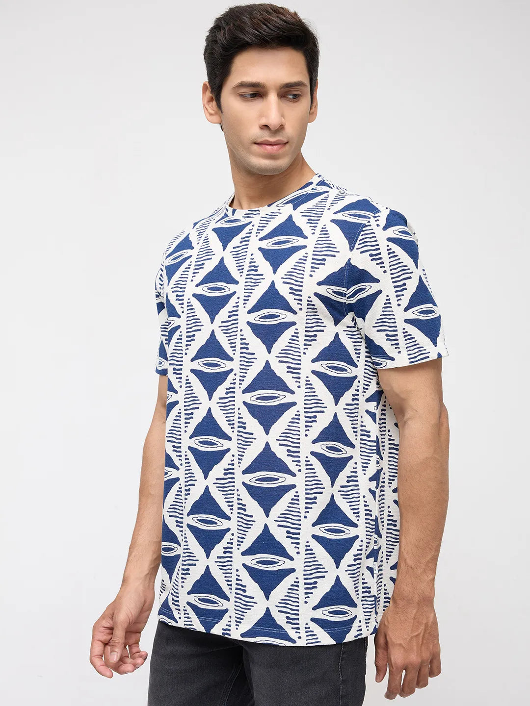 Men T-Shirt Print Blue Regular Fit