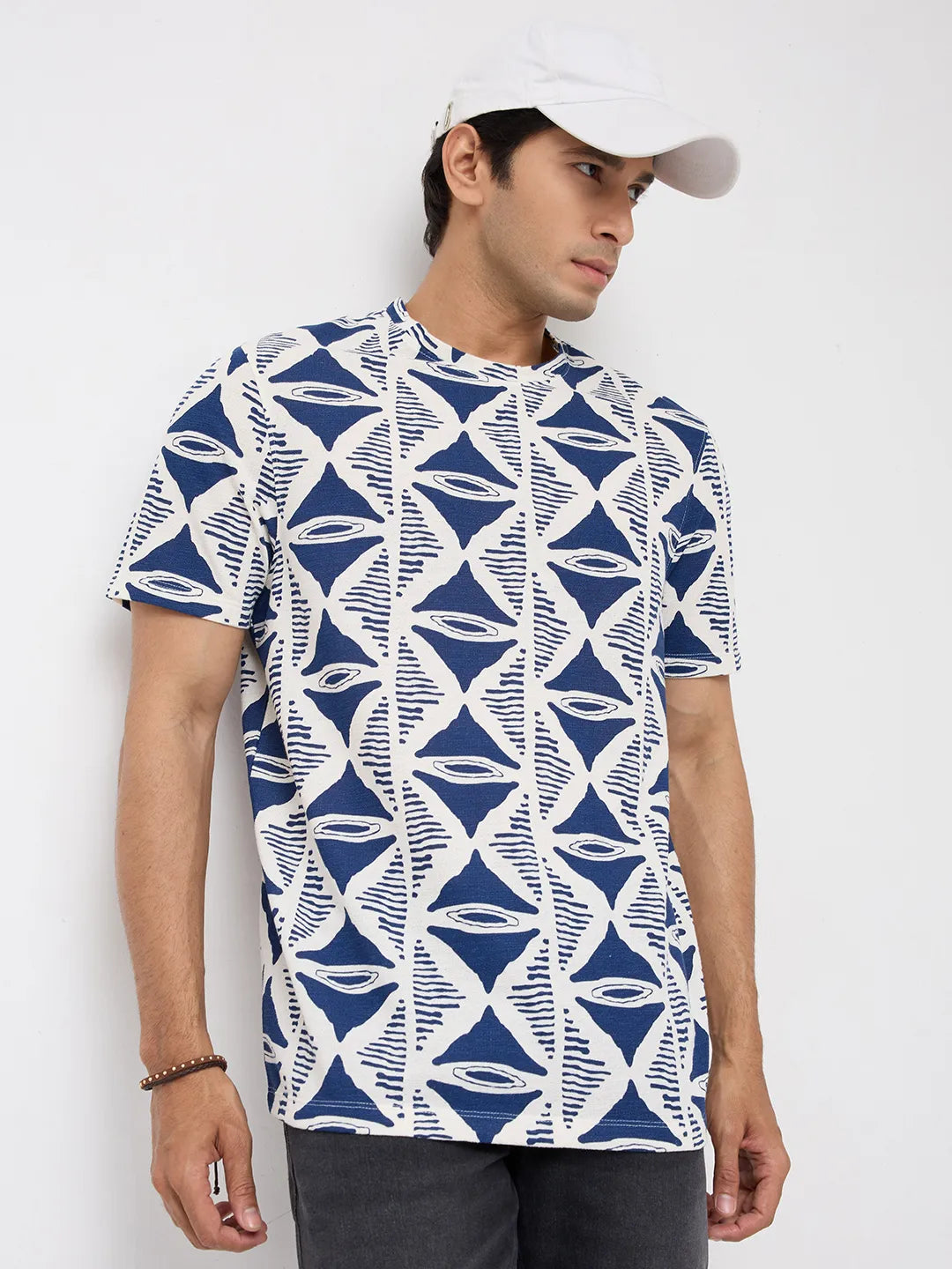 Men T-Shirt Print Blue Regular Fit