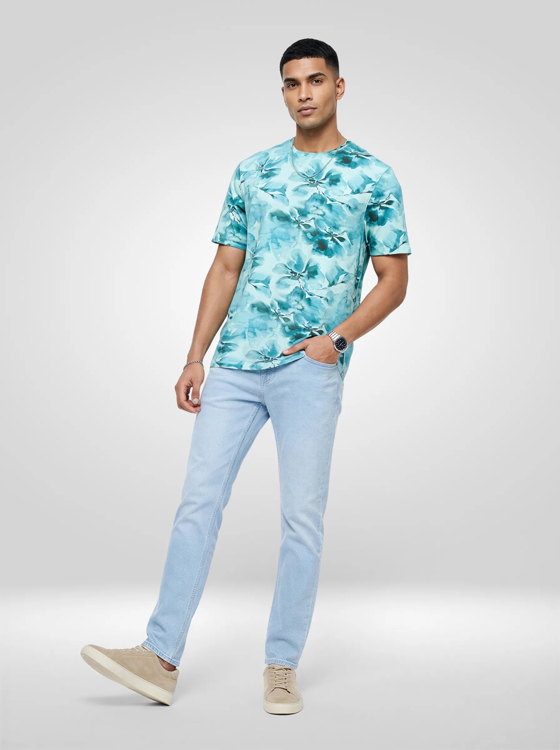 Men T-Shirt Print Green Regular Fit