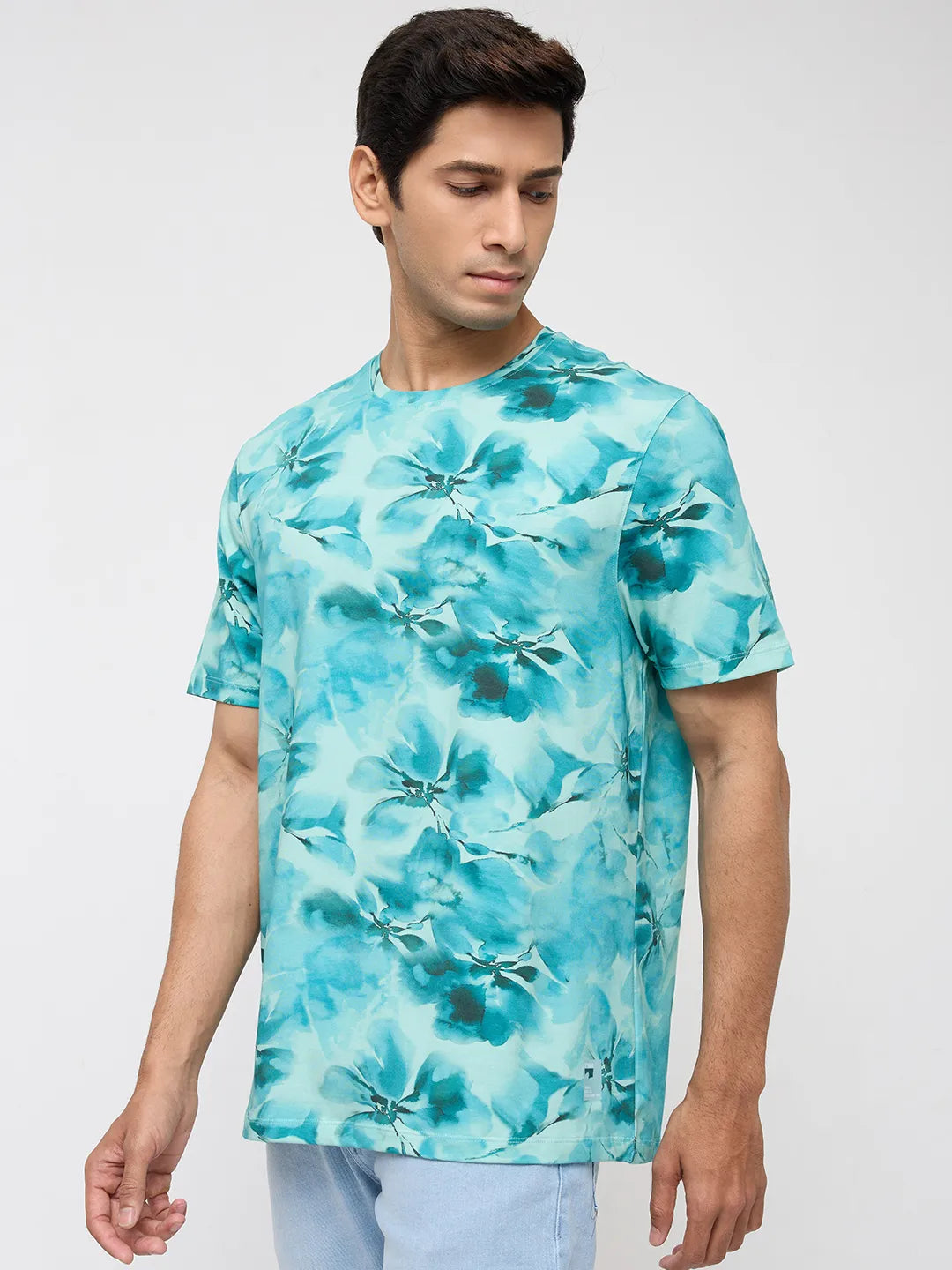 Men T-Shirt Print Green Regular Fit