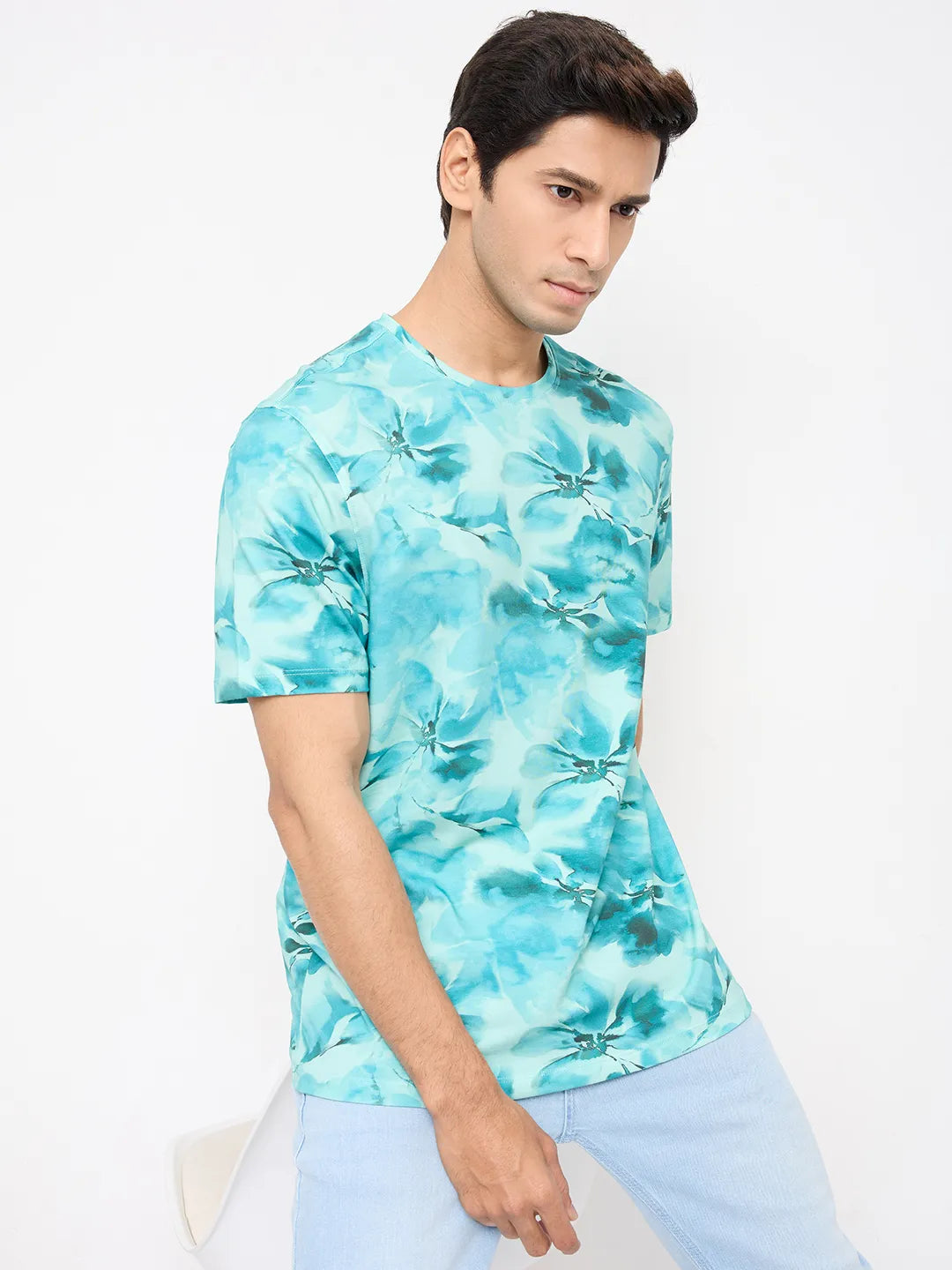 Men T-Shirt Print Green Regular Fit