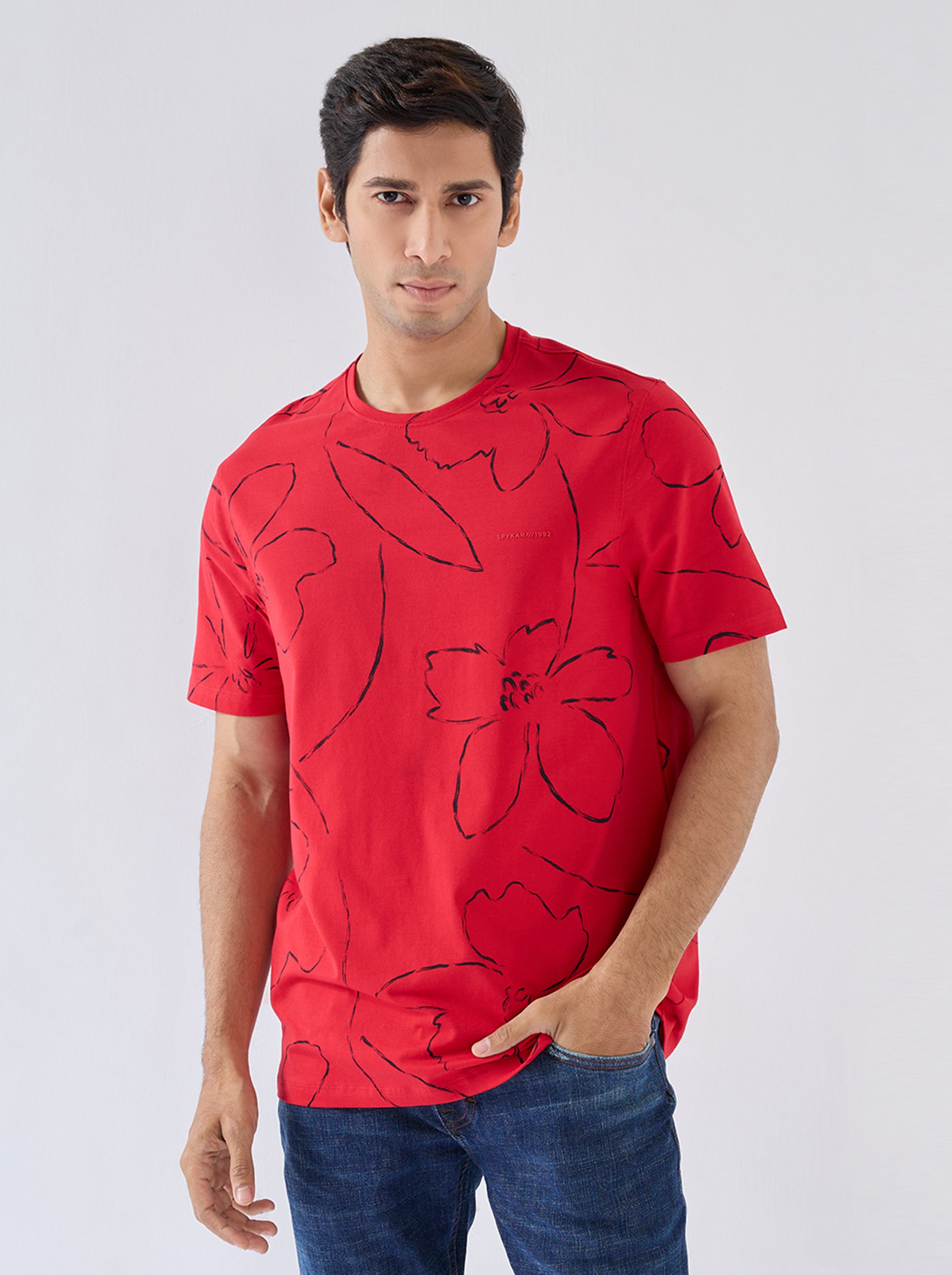 Men T-Shirt Print Red Regular Fit
