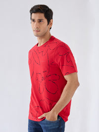 Men T-Shirt Print Red Regular Fit