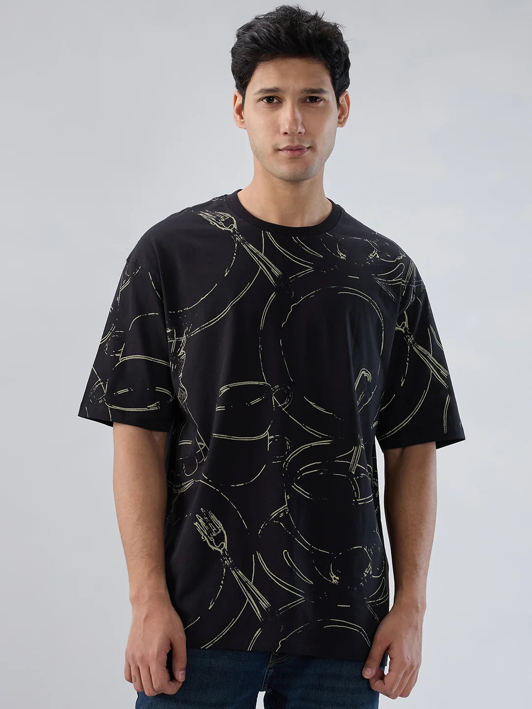 Men T-Shirt Print Black Relaxed Fit