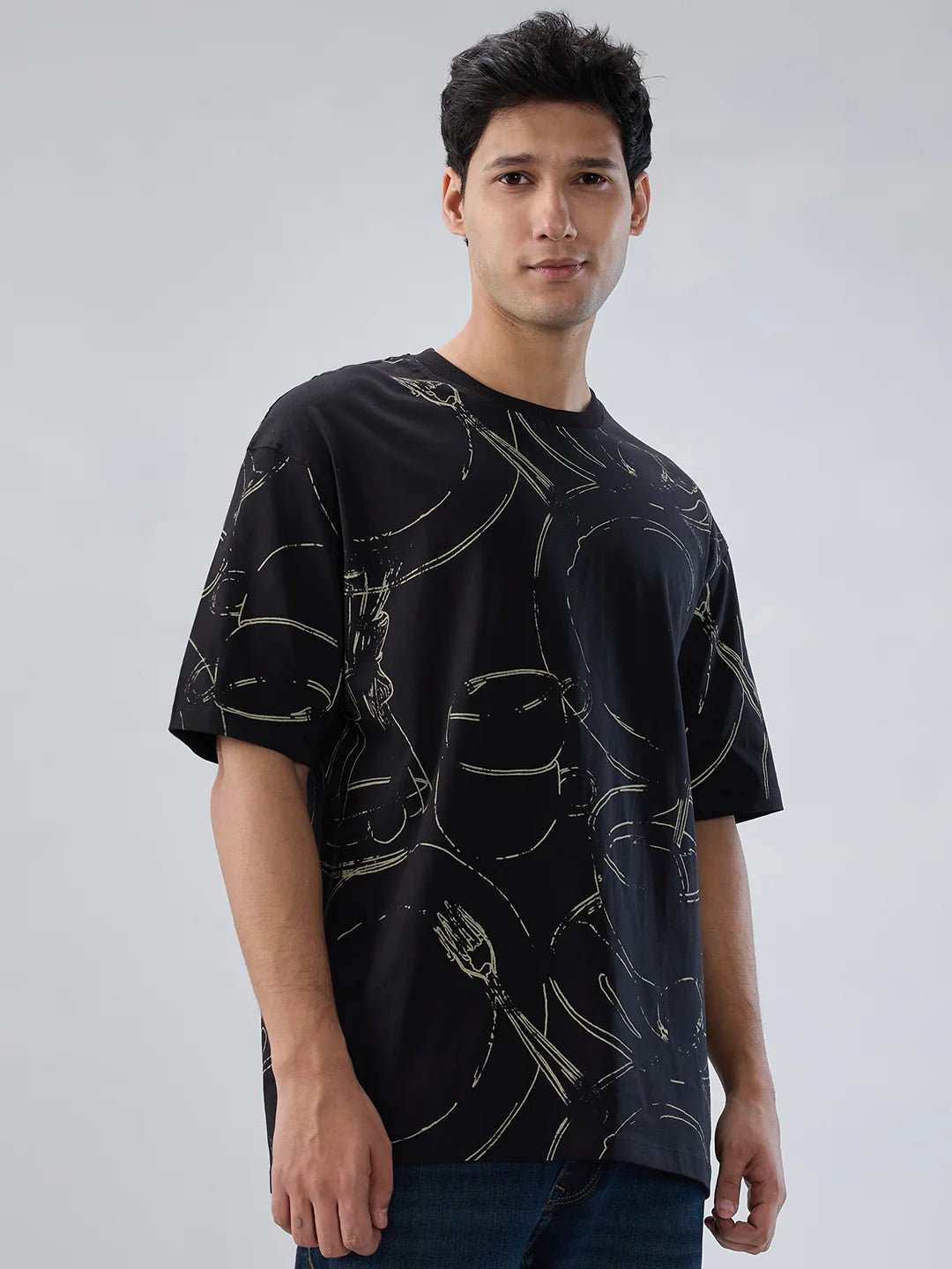 Men T-Shirt Print Black Relaxed Fit