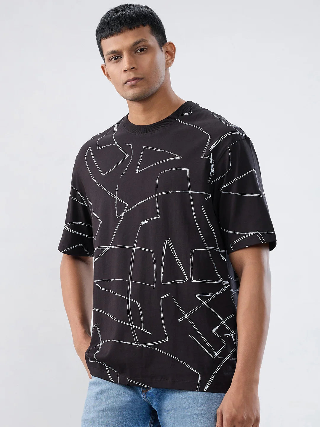 Men T-Shirt Print Black Relaxed Fit