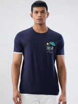 Men T-Shirt Textured Navy Blue Regular Fit